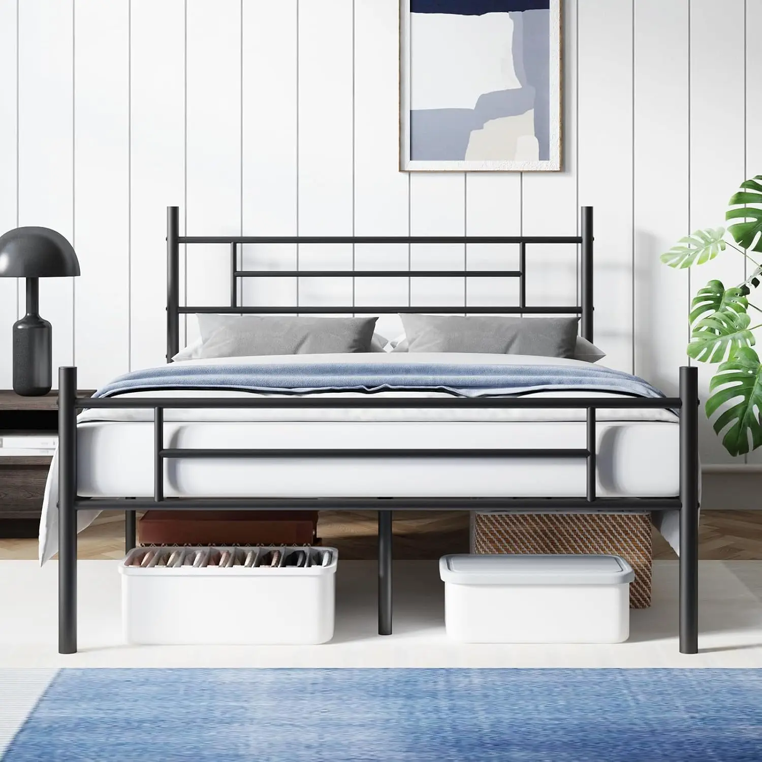 Metal Platform Queen Bed Frame with Classical Headboard Footboard, 14 Inch Bed-Frame, Adequate Under Bed Storage, Strong Metal