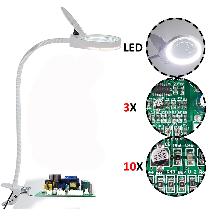 3x10x Flexibele Klem-Op Tafellamp Vergrootglas Flexibele Arm Dimbaar Verlichte Vergrootglas Leds Bureaulamp