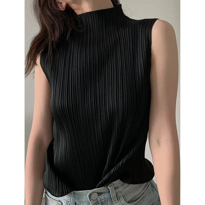 Pleated Sleeveless Solid Temperament Simplicity Tanks Women Clothing New Summer Elegant All-match T Shirt Tops Korean Trend