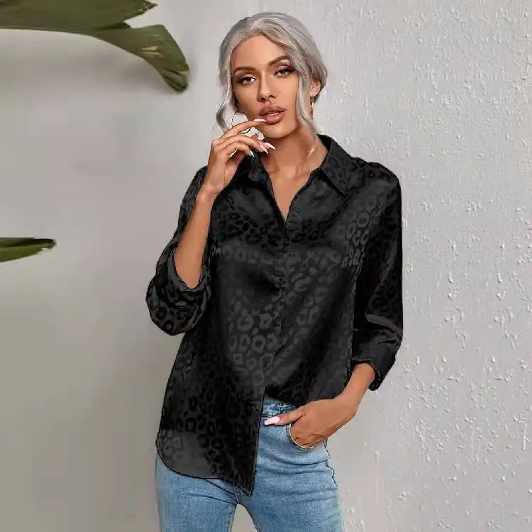 Leopard Print Jacquard Blouse Women Elegant Office Lady Long Sleeve Turn Down Collar Button Shirt 2022 Spring Autumn Tops 19169