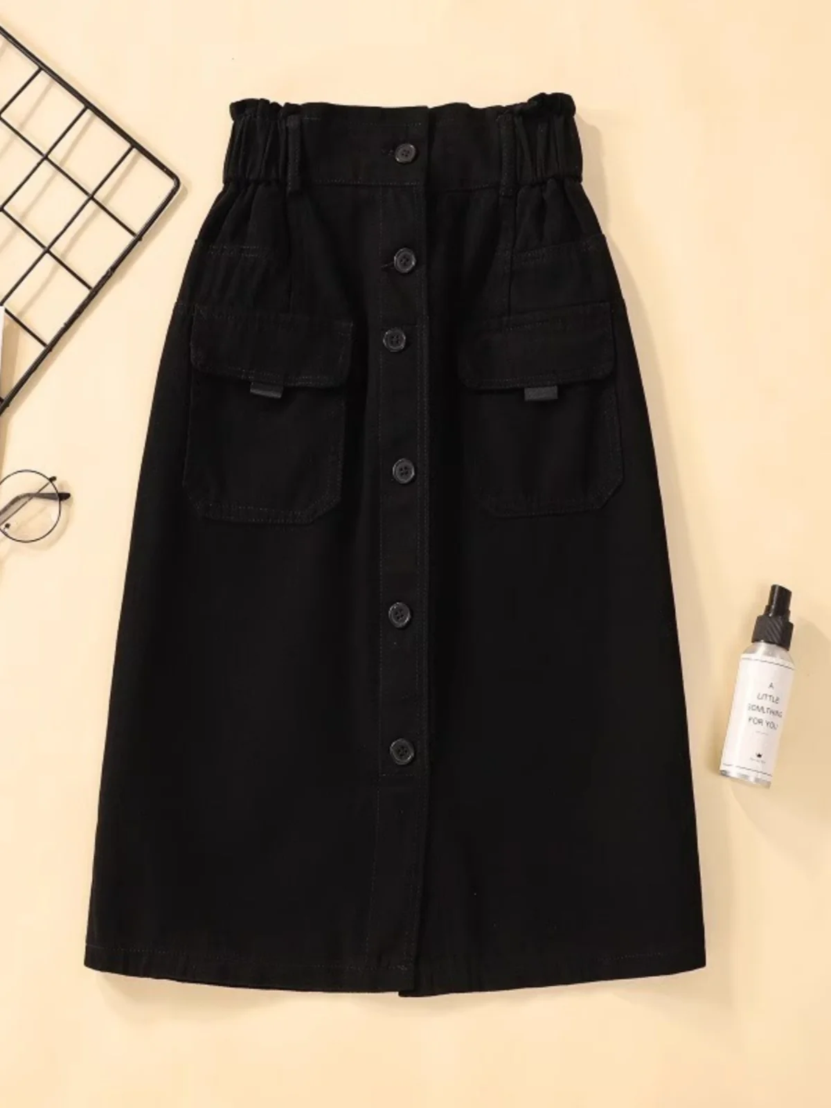 อเมริกัน Workwear สไตล์กระโปรงฤดูใบไม้ผลิฤดูใบไม้ร่วง Casual Elastic เอวสูง A-Line กระโปรงกลางกระเป๋าแฟชั่นกระโปรงกระดุมแถวเดียว