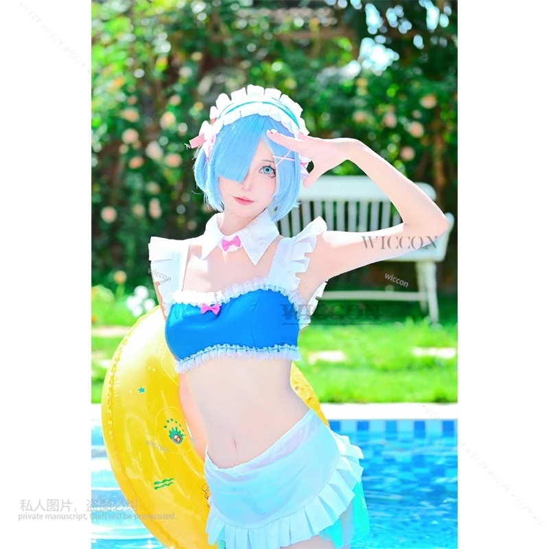 Anime Re Life in A Different World From Zero Rem Cosplay Costume Wig blue Swimsuit Skirt Adult Woman Sexy Summer Party Suit