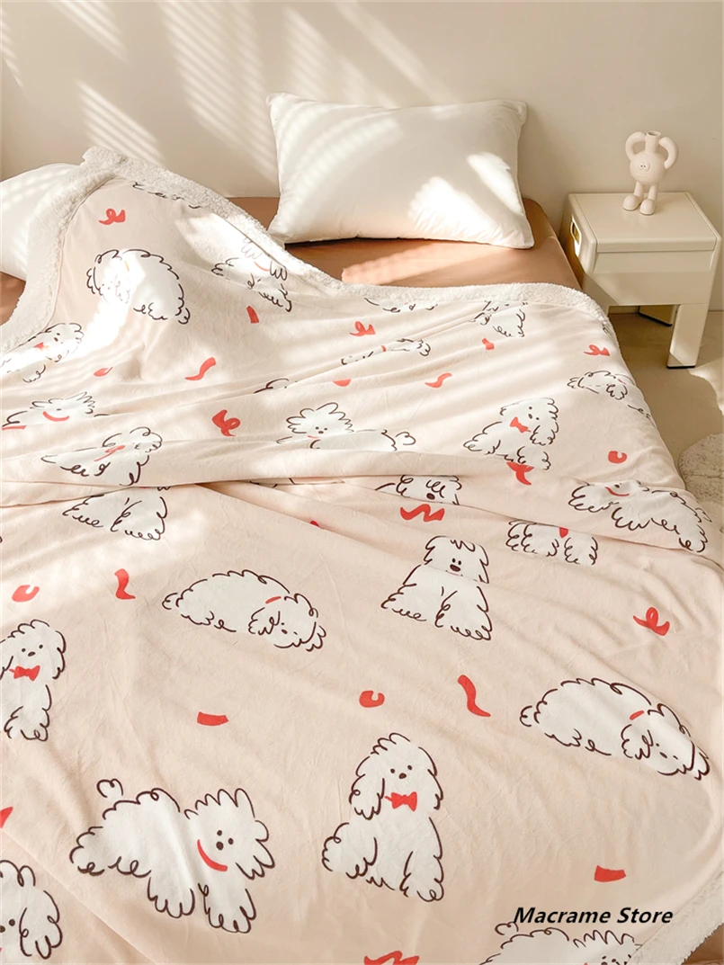 Cartoon Puppy Lamb Fleece Blanket, Soft, Warm, Double, Thickened Shawl, Office, Lunch Break, Autumn, Winter