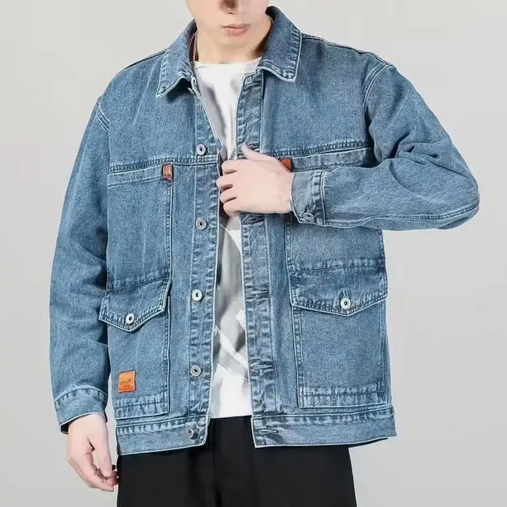 Trendy Men Autumn Jacket Pocket Turn-down Collar Hip Hop Men Autumn Denim Jacket  Cardigan Autumn Jacket for Daily Wear