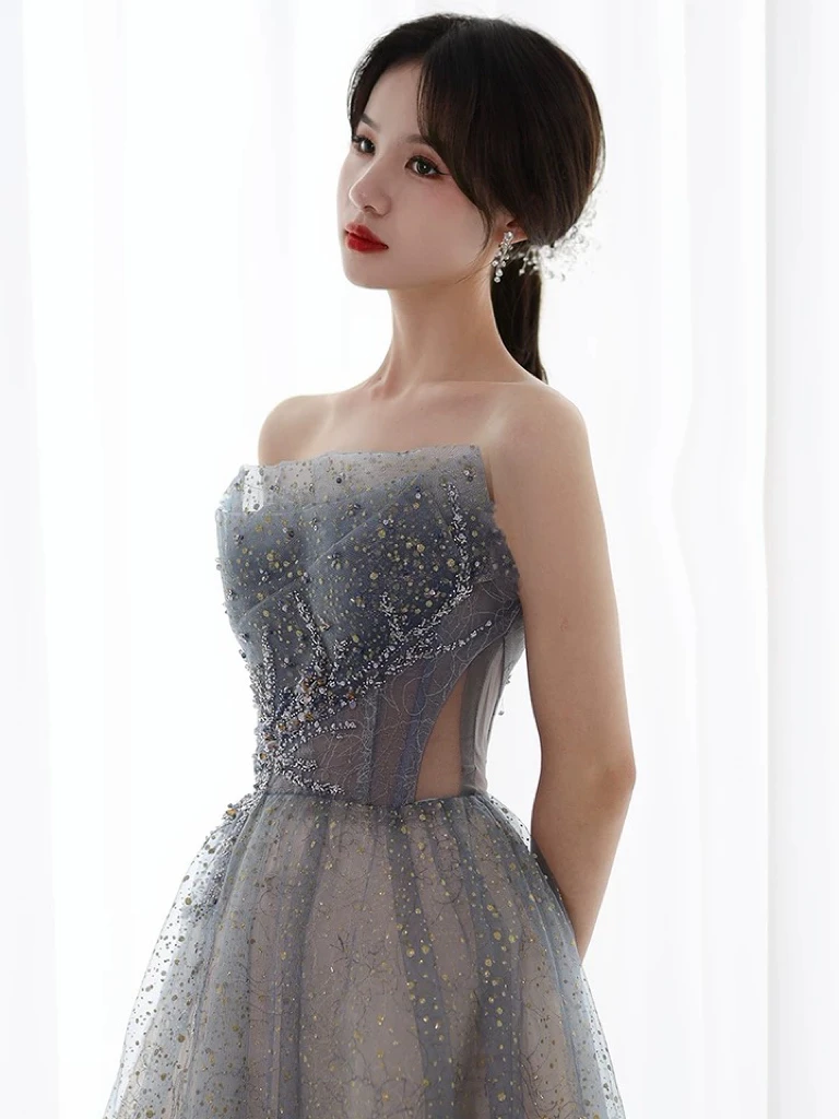 Gray Celebrity Dresses Strapless Women Beading Sequined Crystal A-Line Tulle Shiny Luxury Host Prom Party Gowns Quinceanera New