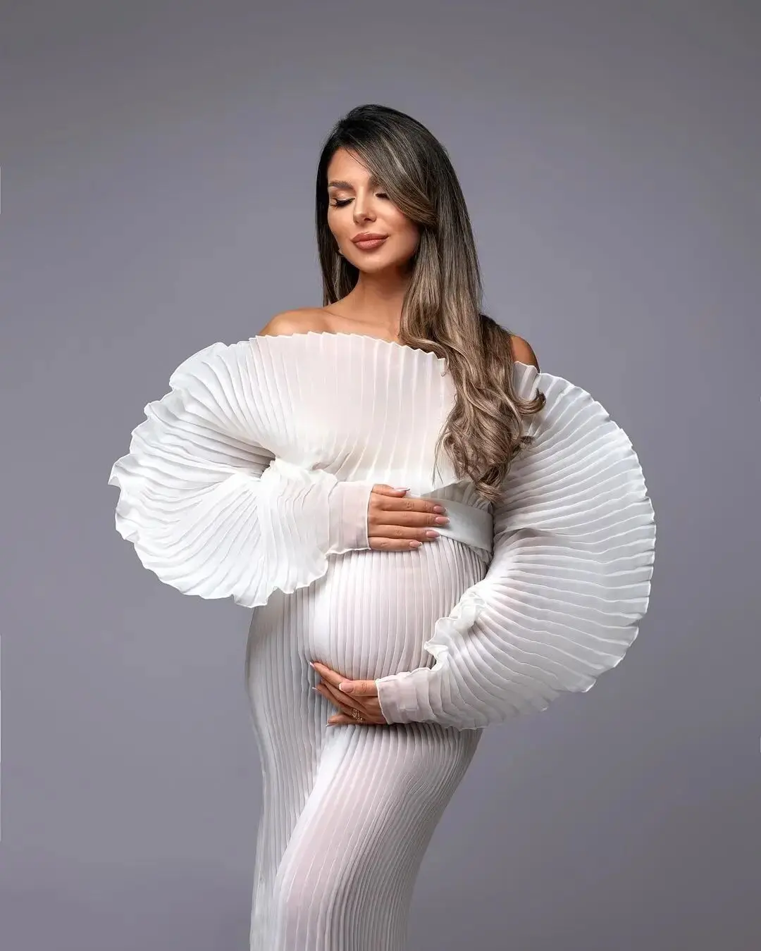 Unique Design Pregnant Maternity Dresses Photoshoot White Off Shoulder Elegant Maternity Dress Pleated Sleeves No Lining