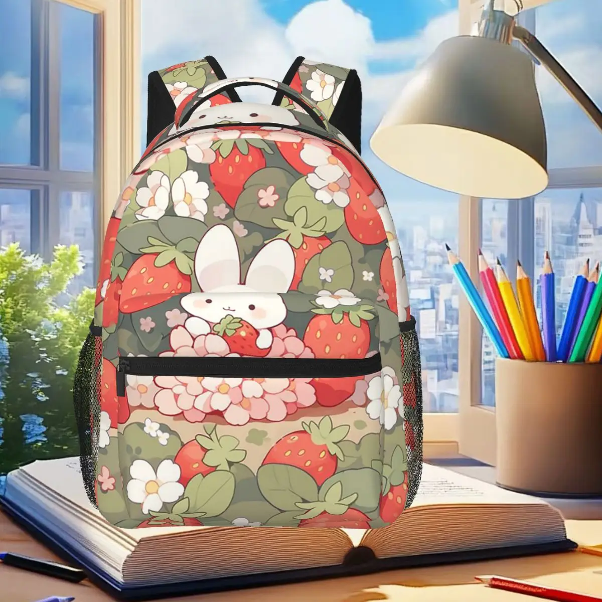 

Cartoon Rabbits Eat Strawberries Backpack Student Boys Girls BookBag Children School Bag Laptop Shoulder Bags for Men Women