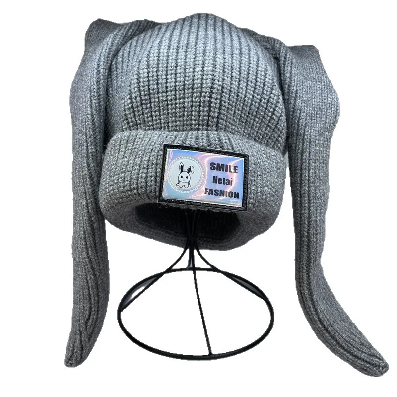 Long Rabbit Ears Wool Hat Female Sweet and Cute Autumn and Winter Warm Ear Protection Letter Sticker Knitted Hat Versatile