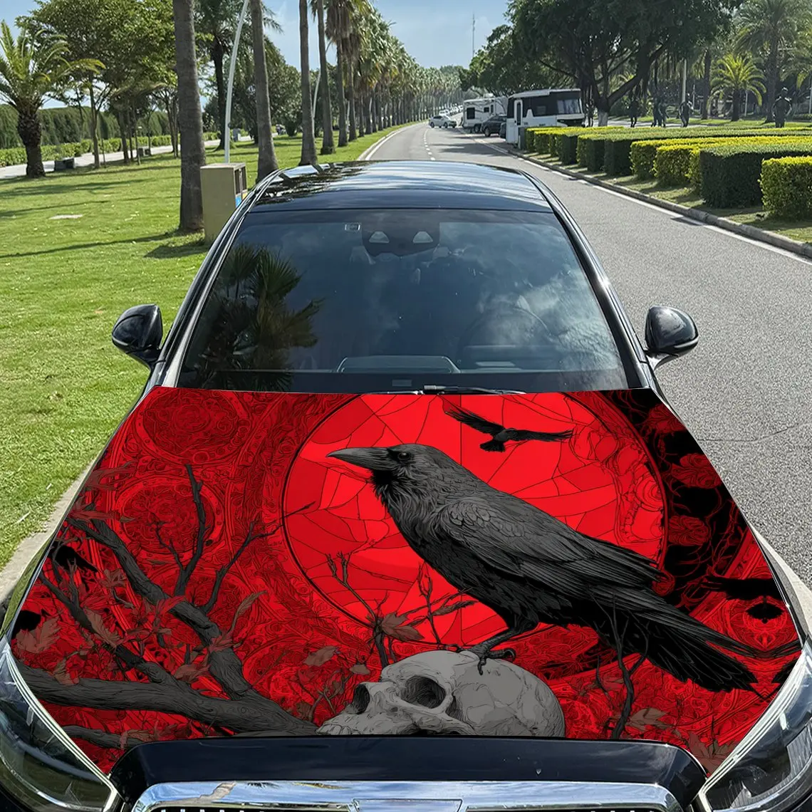 

Crow and Skull in Red - Patterned Secret Realm Car Vinyl Wrap, PVC Material Waterproof Car Hood Sticker, Self-Adhesive Scratch-R