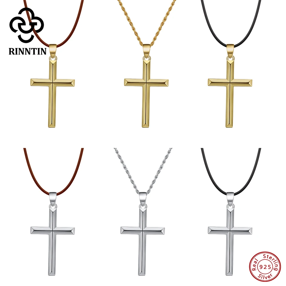 Rinntin 925 Sterling Silver Simple Cross Pendant for Women Men Pure Silver Fashion Christian Religious Jewelry Chain Gift SNMN01