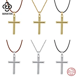 Rinntin-925 Sterling Silver Simples Pingente Cruz para Homens e Mulheres, Prata Pura, Cristão, Jóias Religiosas, Presente Chain, Moda, SNMN01