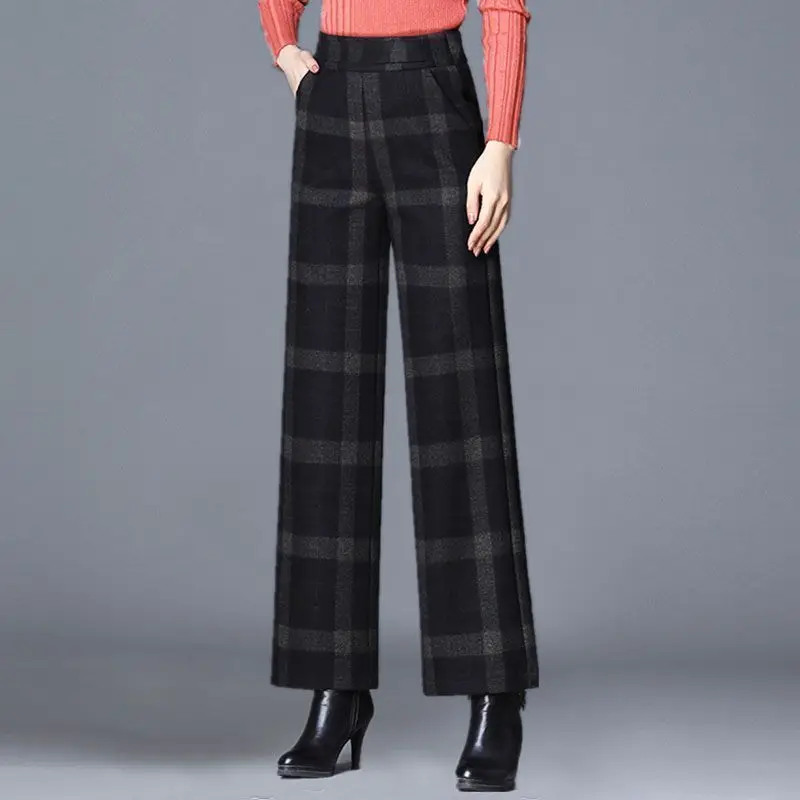 

Autumn Winter Women Woolen Pants Solid Elastic High Waist Pockets Fashion Thicken Loose Straight Wide Leg Ankle Length Trousers