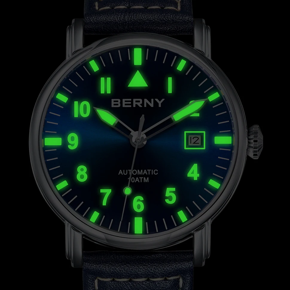 BERNY Pilot Automatic Watch Men Mechanical Luminous Army Military Vintage Watch Sapphire Waterproof 100m Diver Wristwatch Men