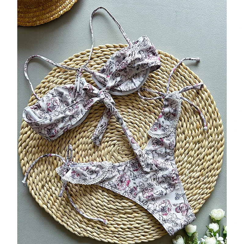 ヴィンテージプリントマイクロビキニ水着 レディース スプライスレースエッジ Gストリングビキニセット 2025新作 ビーチバケーション エレガント ツーピースセット