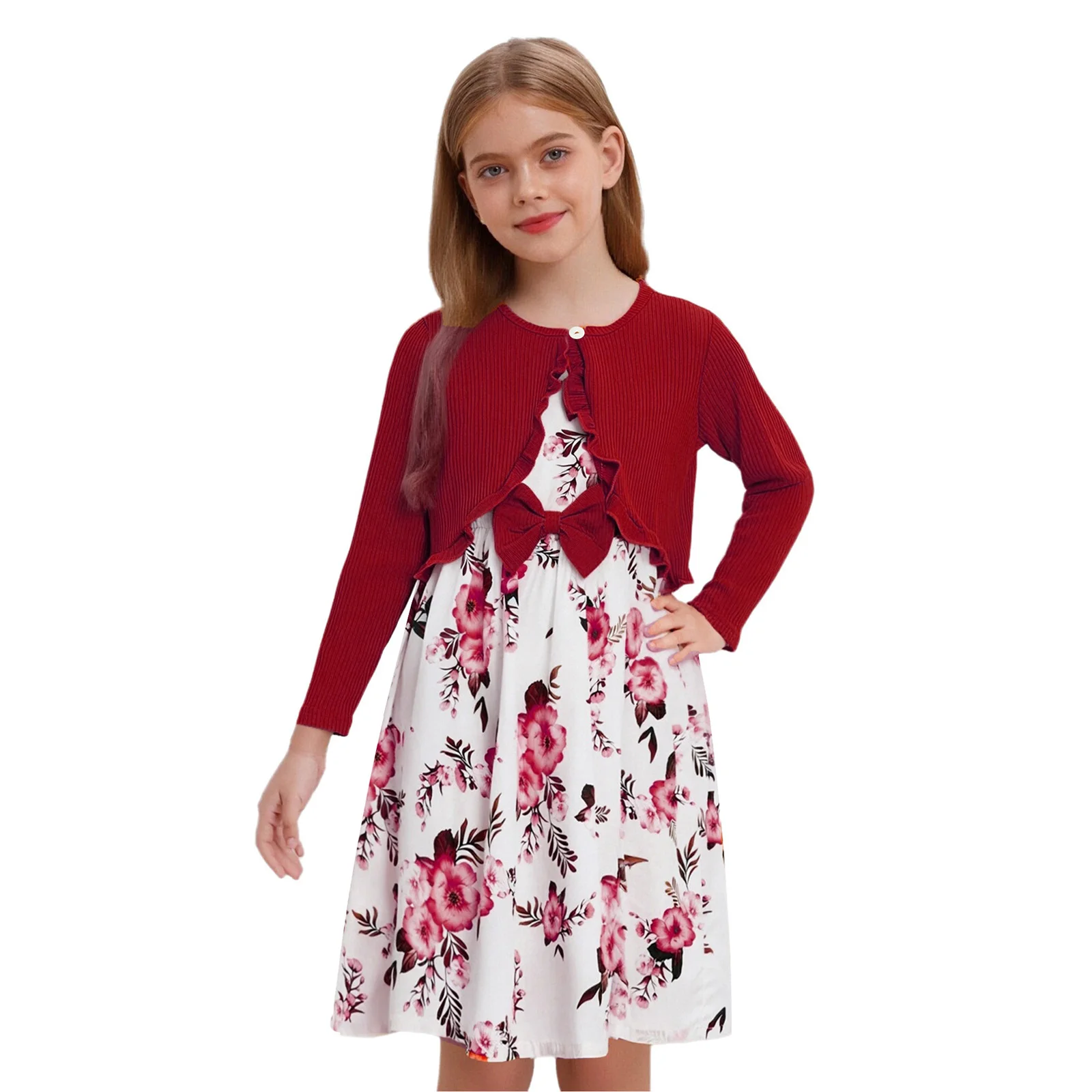 

Kids Girls Dress 2-Piece Casual Outfit Sleeveless Bowknot Floral Print Elastic Waist Dress+Long Sleeve Ruffles Ribbed Cardigan