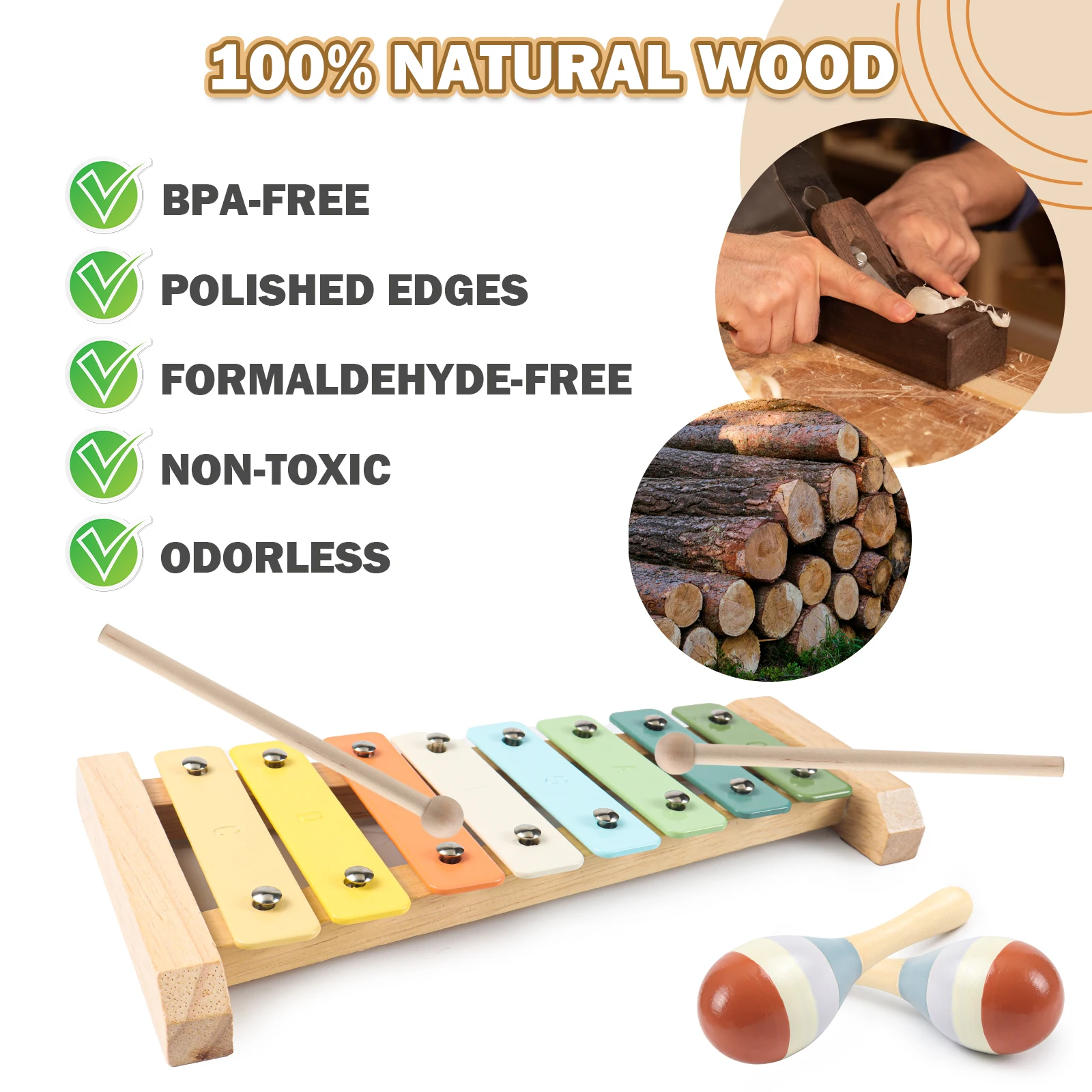 ชุดเครื่องดนตรีเด็ก 11 ชิ้นใน 1 ชุด, เครื่องดนตรีเคาะจังหวะทำจากไม้ ของเล่นสำหรับเด็กเล็ก เด็กก่อนวัยเรียน ชุดของเล่นดนตรีเพื่อการศึกษาสำหรับเด็ก B