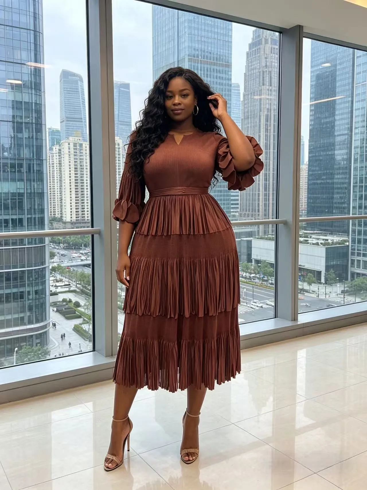 African Cake Dress Women's Summer Miyake Pleated Elegant Temperament Fashion Loose V-neck Dress
