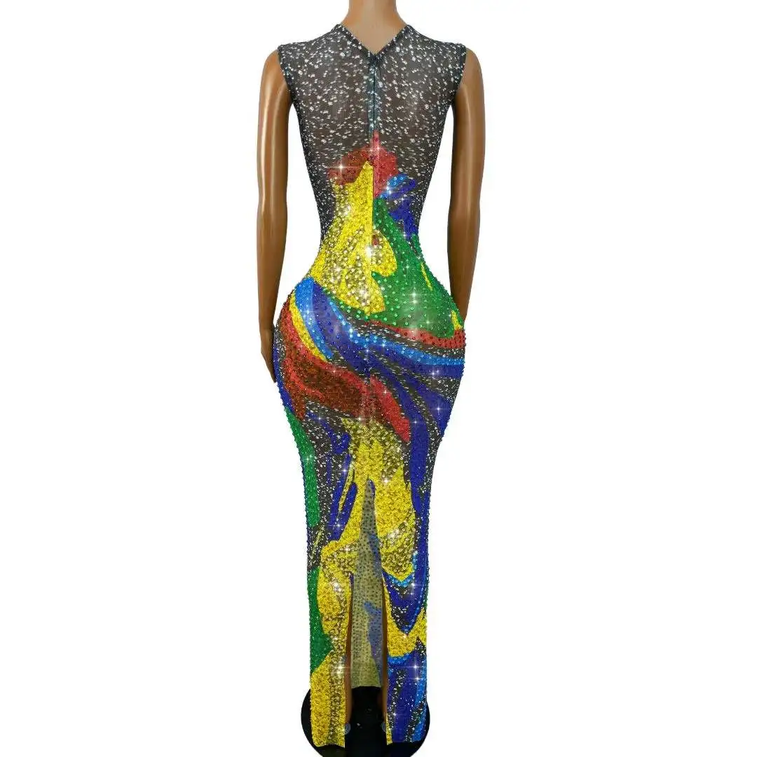 Sexy Twinkling Full Colorful Rhinestones Trim Fit Mesh Dress Evening Party Celebrate Gown Red carpet Show Photo Shoot Stage Wear