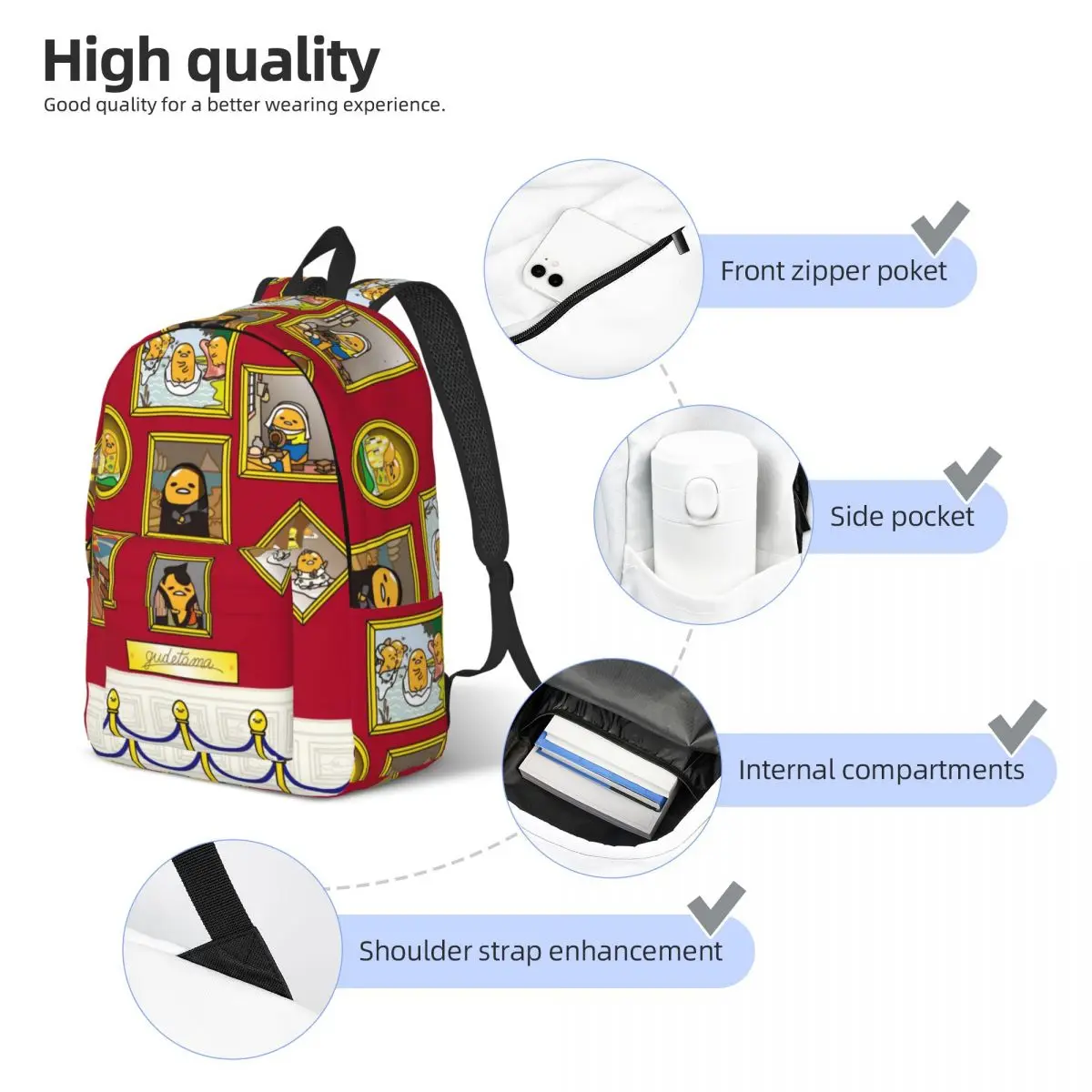 Gudetama Niedlicher Eier-Cartoon-Rucksack, Mittelschule, Schule, Studenten, Büchertasche, Teenager, Segeltuch, Tagesrucksack, Outdoor