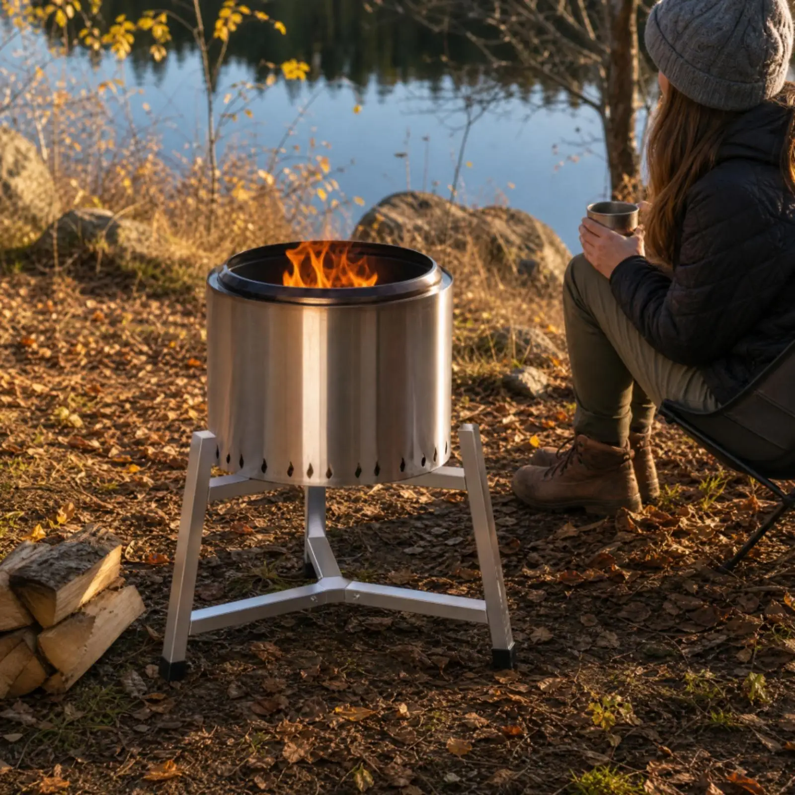 Triangular Outdoor Fireplace Stand Fire Bowl Tray Holder Portable Steel Frame with Ground Protection for Camping