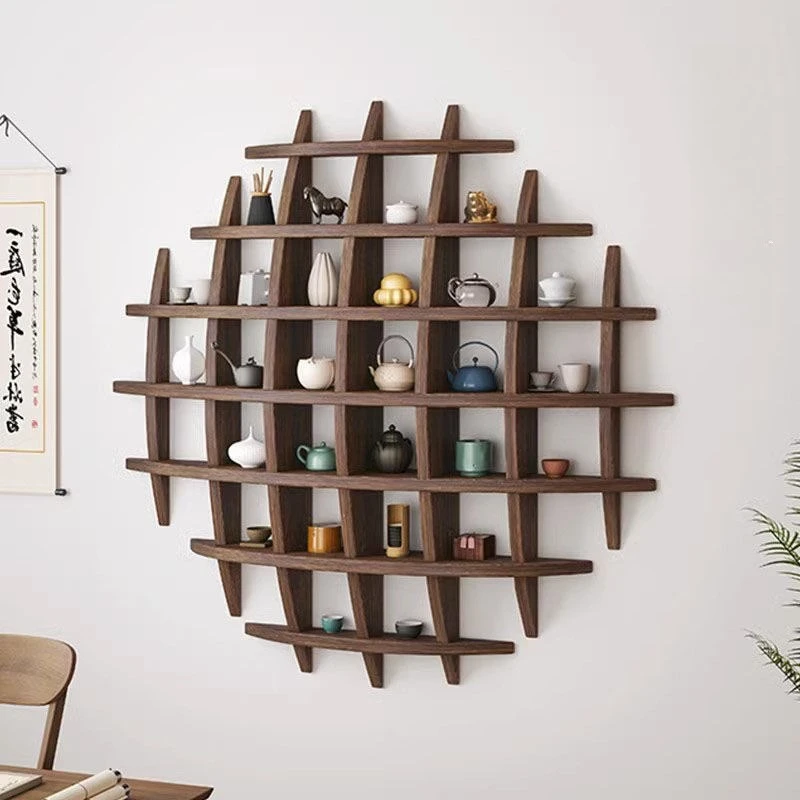 Solid Wood Chinese Style Wall Mounted Curio Shelf Multi Compartment Wall Teacup Holder Decor Display Rack for Home Decor