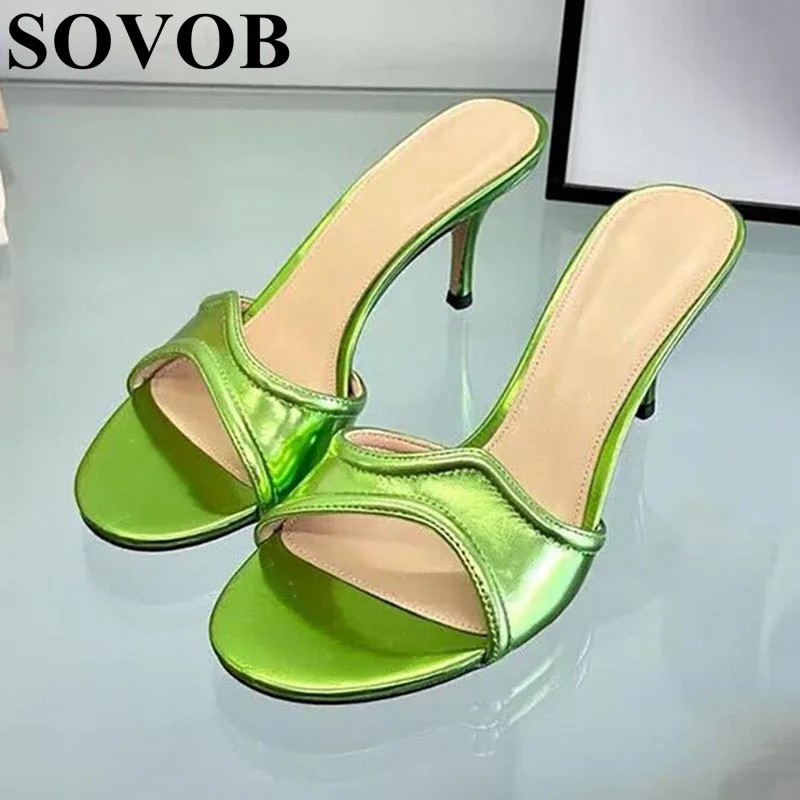 

2024 Summer patent leather open toe slim heel slippers for women's versatile Roman sandals outdoor leisure vacation dress shoes