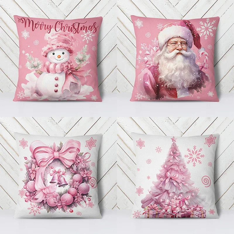 2024 New Christmas Pink Pillow Cover Sofa Cushion  Bedroom Room Home Decoration   Holiday Gift