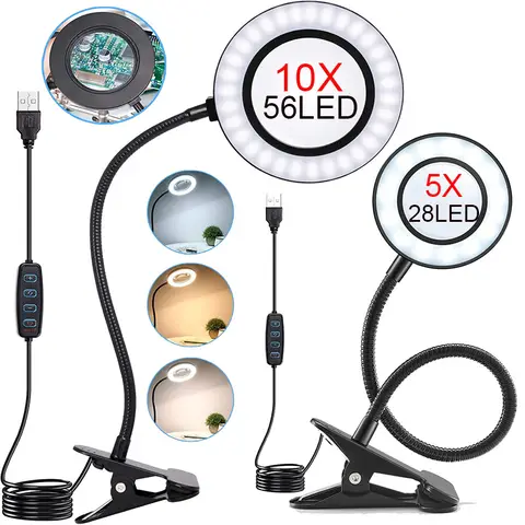 5/10X Magnifying Glass with Light 3 Colors 10 Brightness 28/56 LED Magnifier Lamp for Reading Crafting Painting Close Work