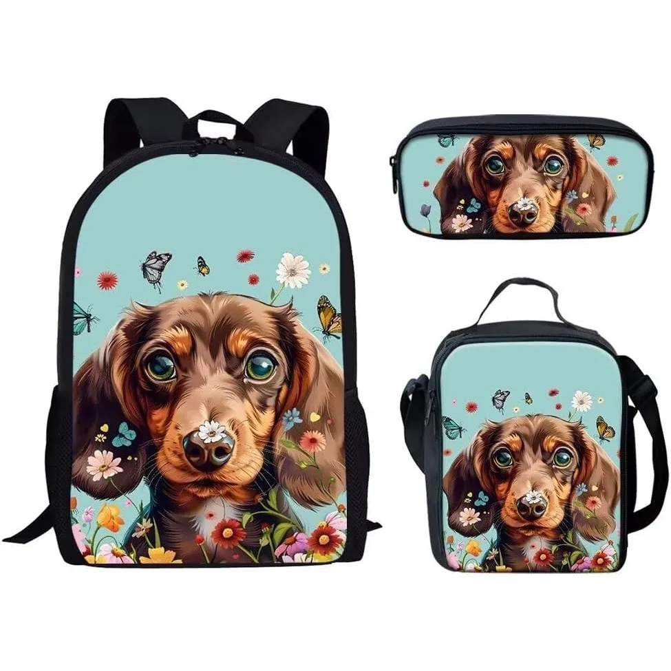 

Милый детский рюкзак с принтом таксы, школьная сумка, набор с контейнером для обеда, пенал, сумки для книг из трех предметов для девочек-подростков