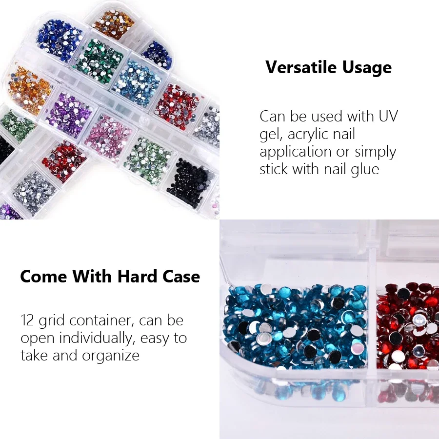 Cristalli per unghie con strass rotondi colorati da 3000 pezzi da 1,5 mm con custodia per decorazioni per nail art fai da te