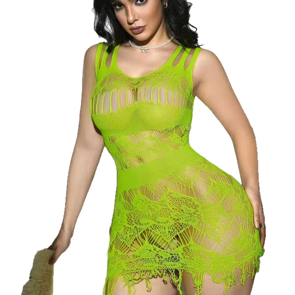 Women Solid Color High‑Stretch Fishnet Bodycon Mini Dress Sleeveless Shoulder Cut‑Out Fringe See‑Through Mesh Clubwear Solid ZS4
