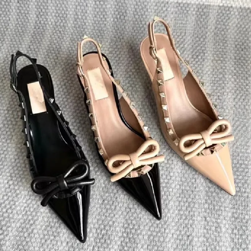 2024 Brand Bowtie Rivets Wedding Shoes For Women Pumps High Heels Spiked Studded Slingback Sandals Tacones De Lujo Para Mujer