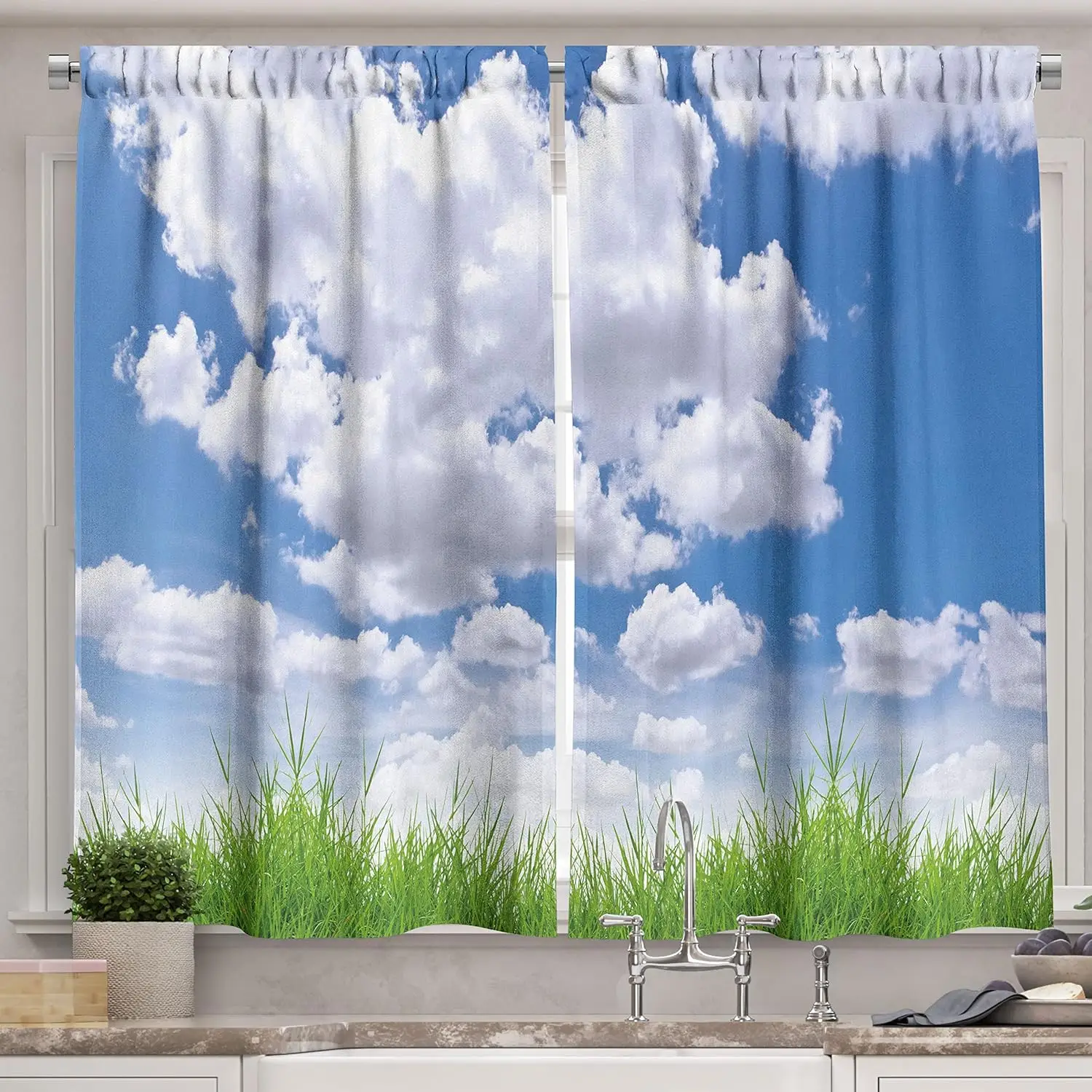 Landscape Kitchen Curtains, Calming Relaxing Sunny Vivid Scenery Clouds Garden Art Photo, Window Drapes 2 Panel Set for Kitchen