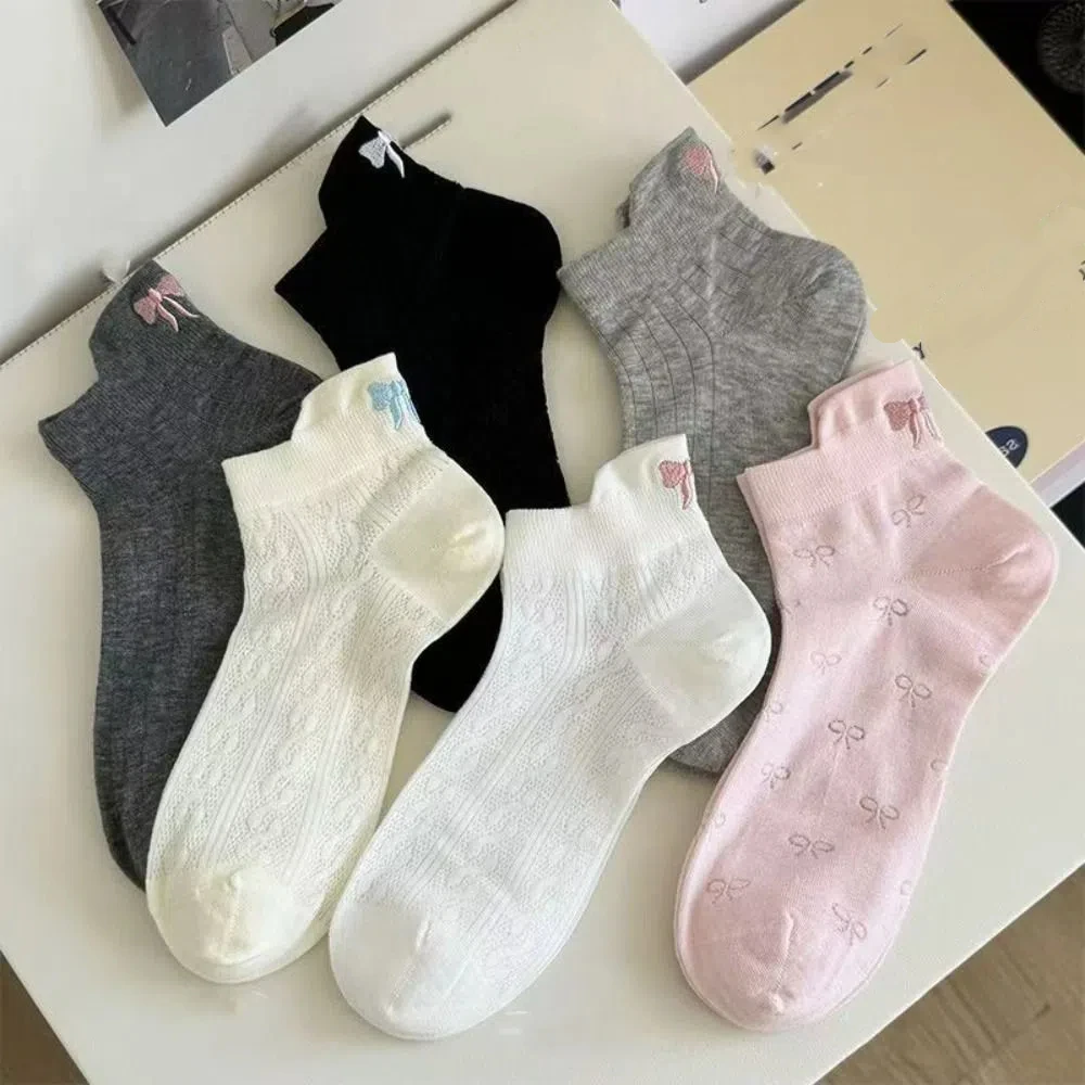 

6Pairs Soft Mesh Embroidery Bow Socks Lolita JK Ins Style Ballet Tube Socks Sweet Breathable Socks Women Girl