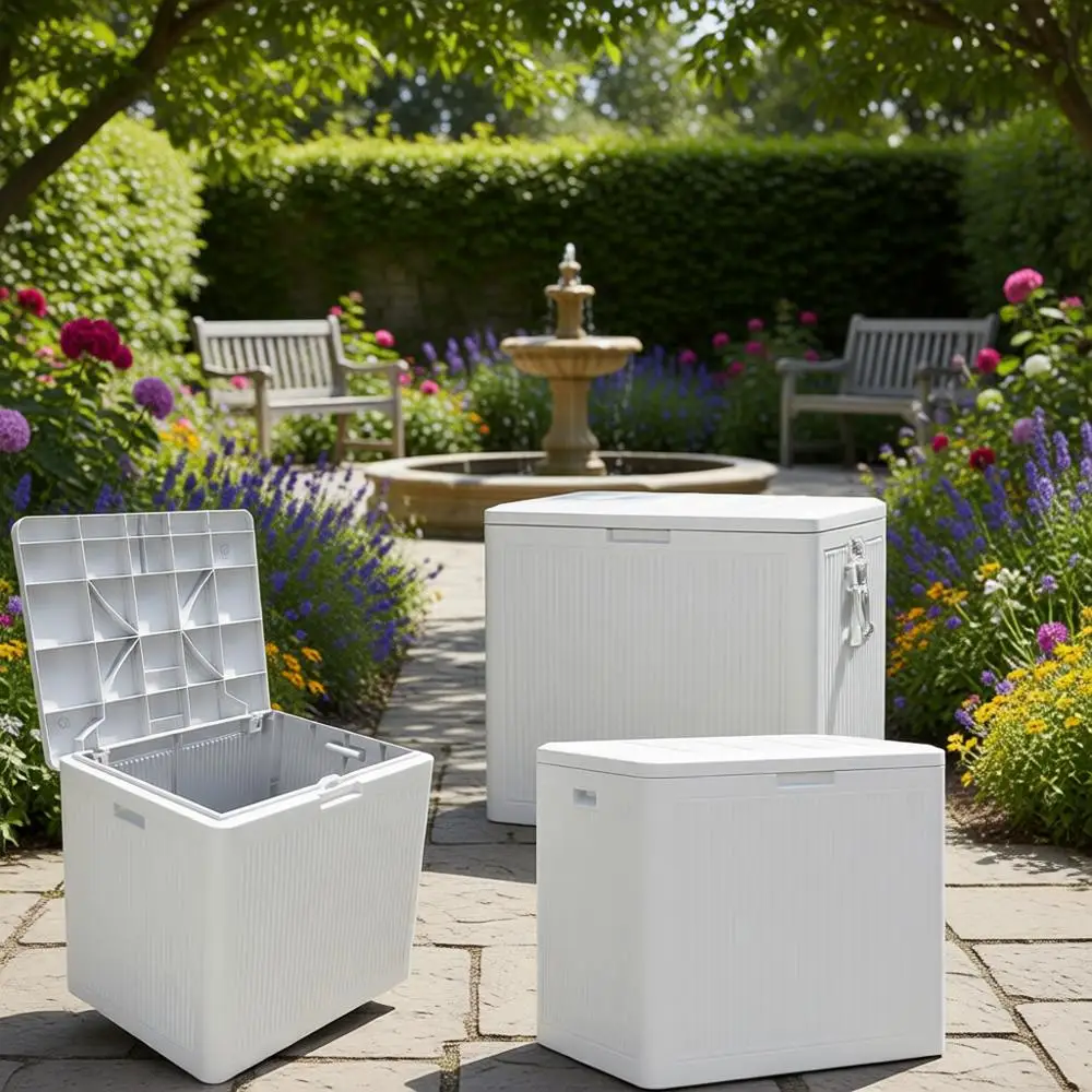 

Outdoor Patio Deck Box, 22-Gallon Capacity, Reeded Design, French Gray, for Storage of Benches, Cushions, Garden Tools