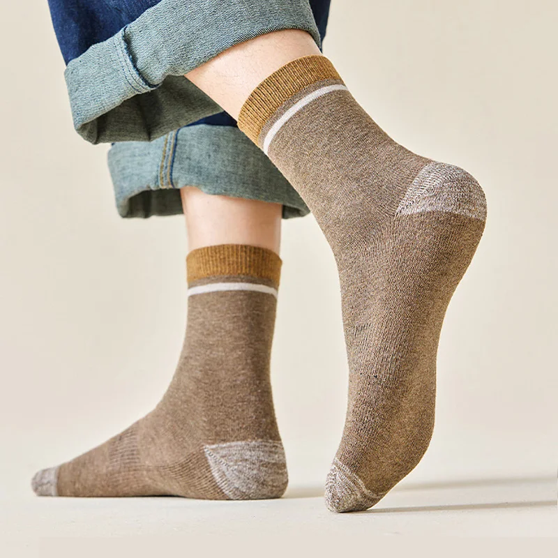 Neue 5 Paar Hochwertige Herrensocken für Herbst und Winter, Verdickte Socken für Männer, Wärmesocken, Einfarbige Baumwollsocken für Männer – Detail 9