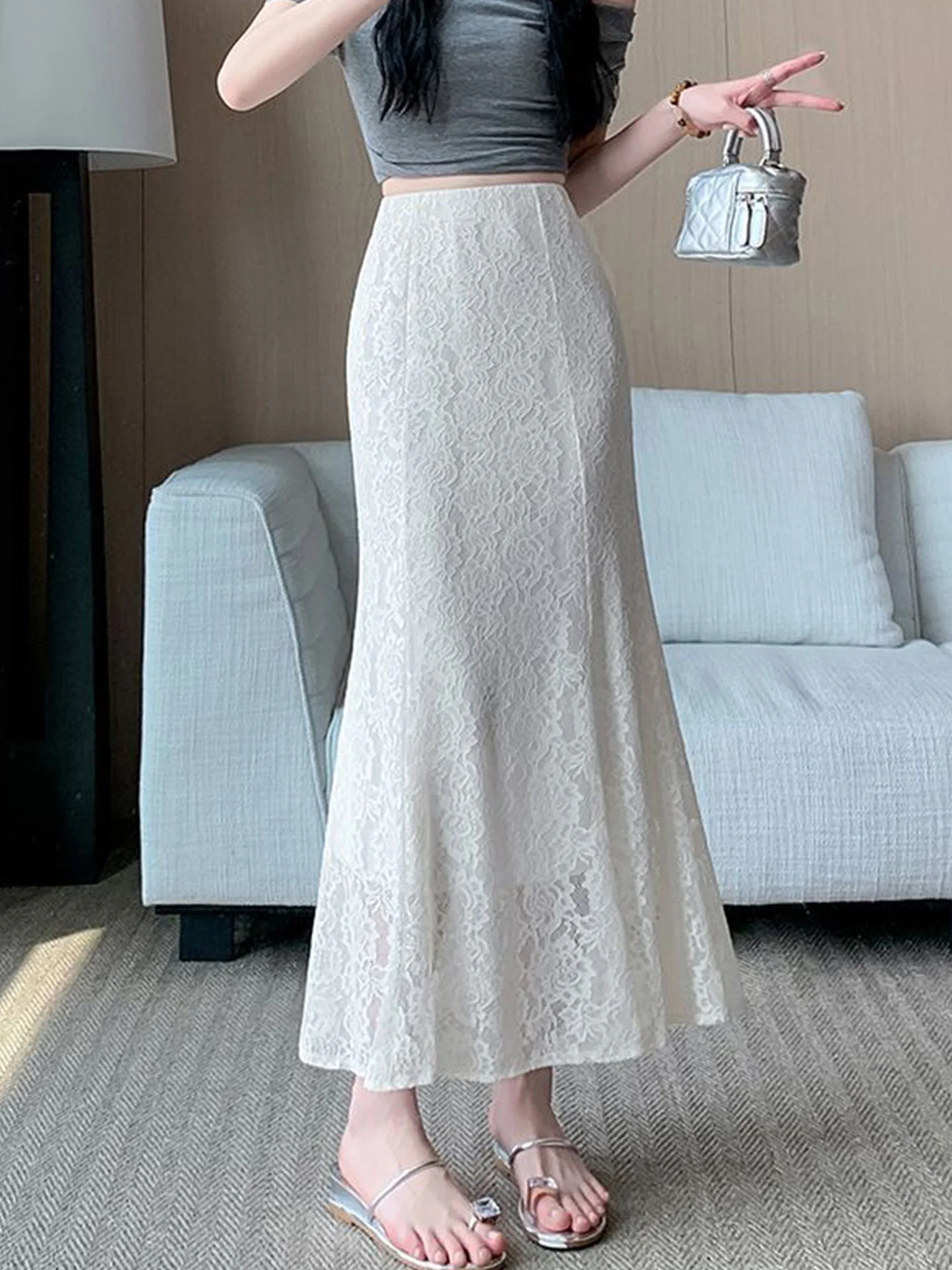 

Элегантная женская юбка-карандаш с кружевными вставками и вырезами, с завышенной талией, облегающая, драпированная, длинная