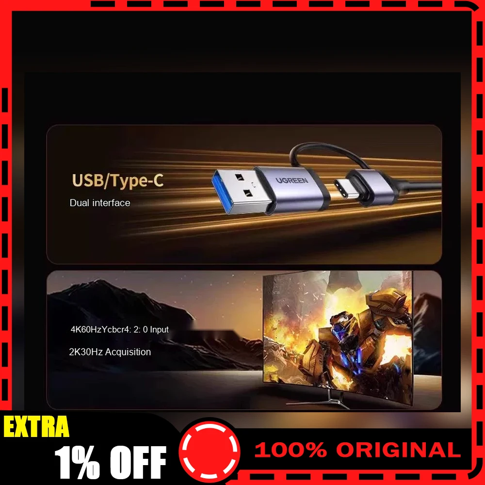 UGREEN 15389 CM629 HDMI Video Capture Card 2K 30Hz USB USB-C Dual Interface Game Live Streaming Recorder