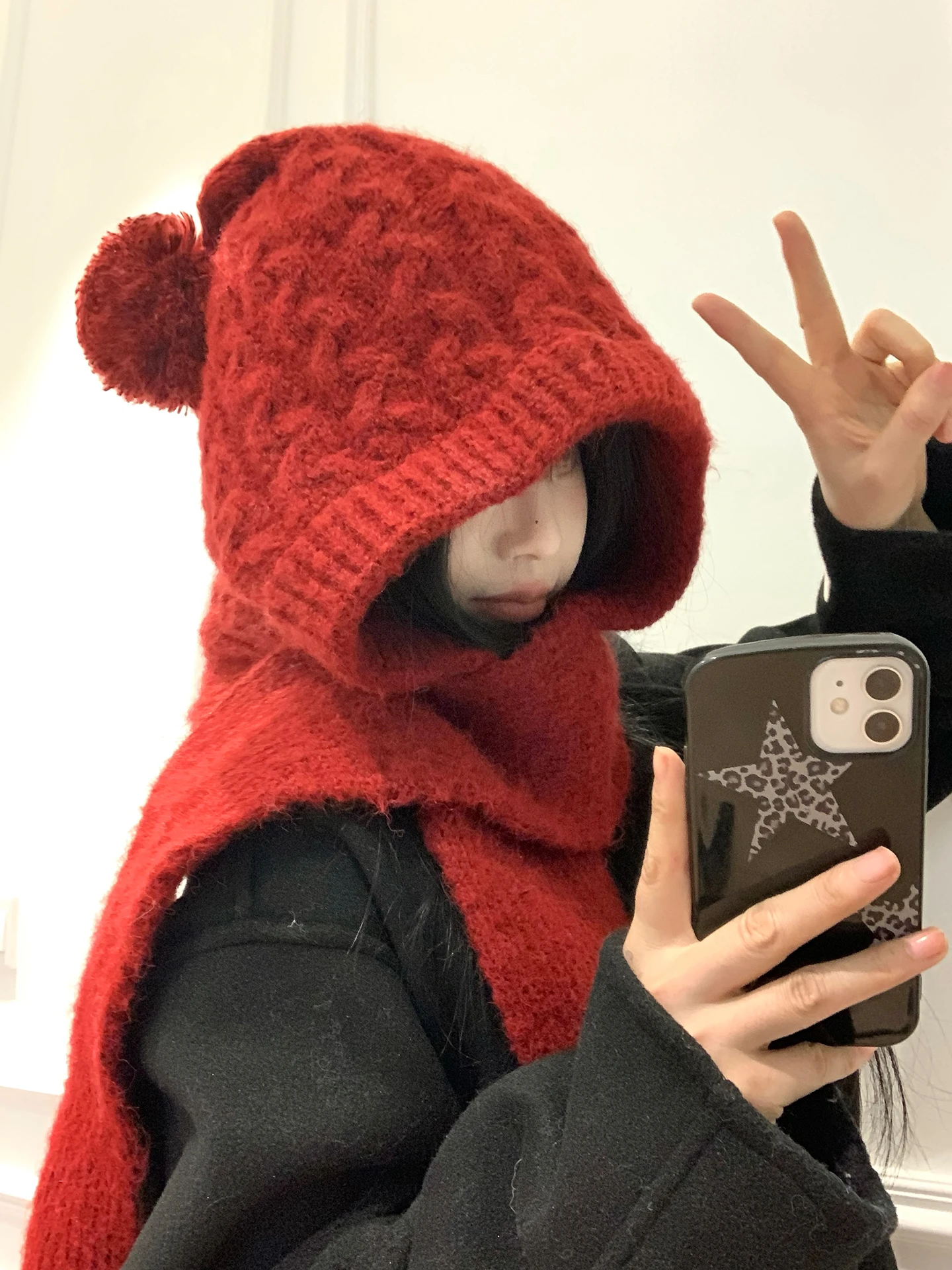 Red New Year Knitted Hat Women's Style Winter Korean Warm Woolen Scarf Integrated Ear Protection Neck Warmer Casual Ball Top