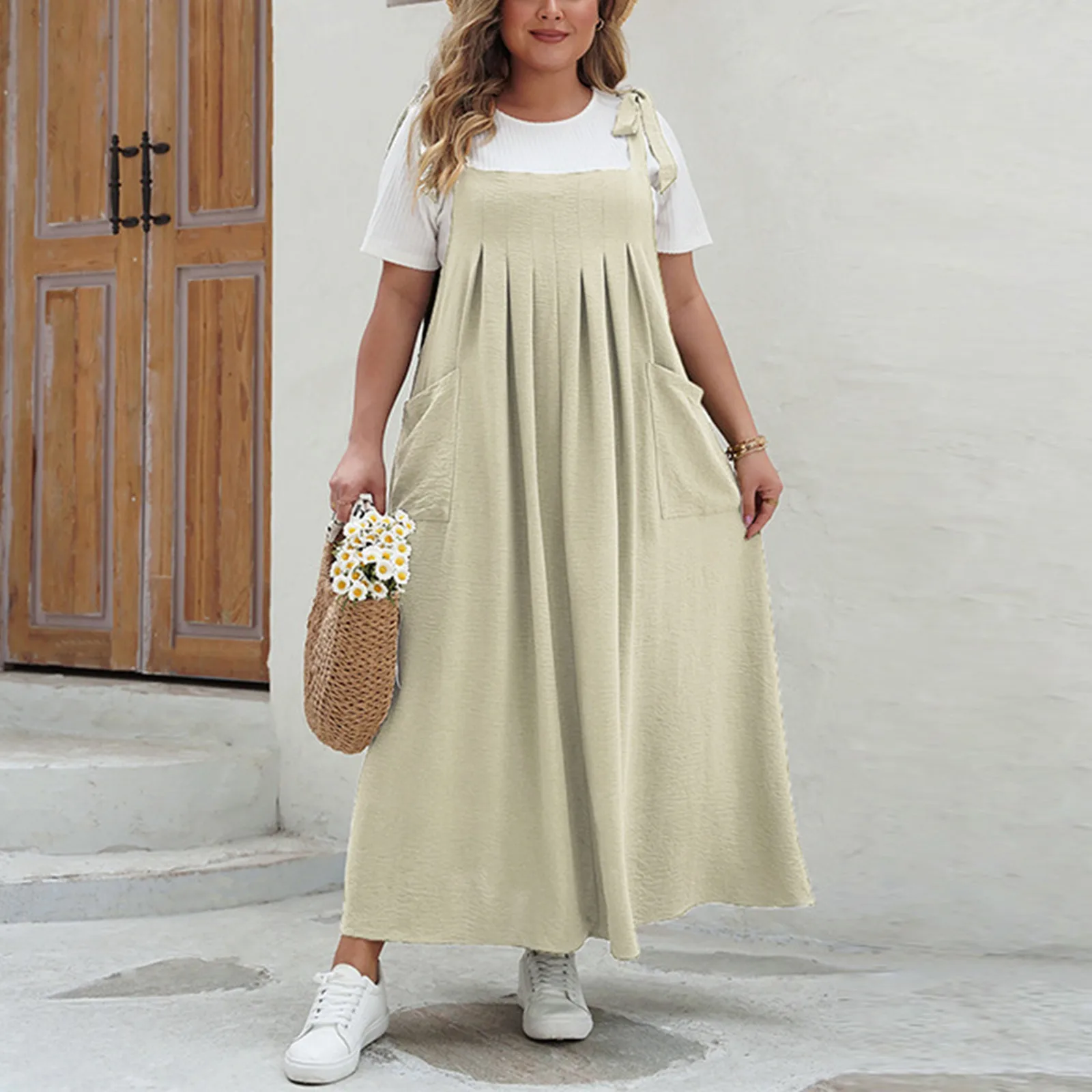 

Solid Color Simple Plus Size Slip Dress Women'S Sleeveless Loose Casual Dress Versatile Dress For Vacations And Commuting