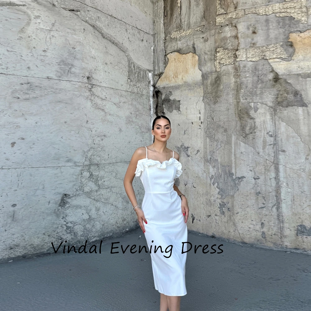 Vindal Satin Tea length Strapless luxurious Ruffle Straight Fashion Breast Padding Elegant Sleeveless السعود For Woman 2024