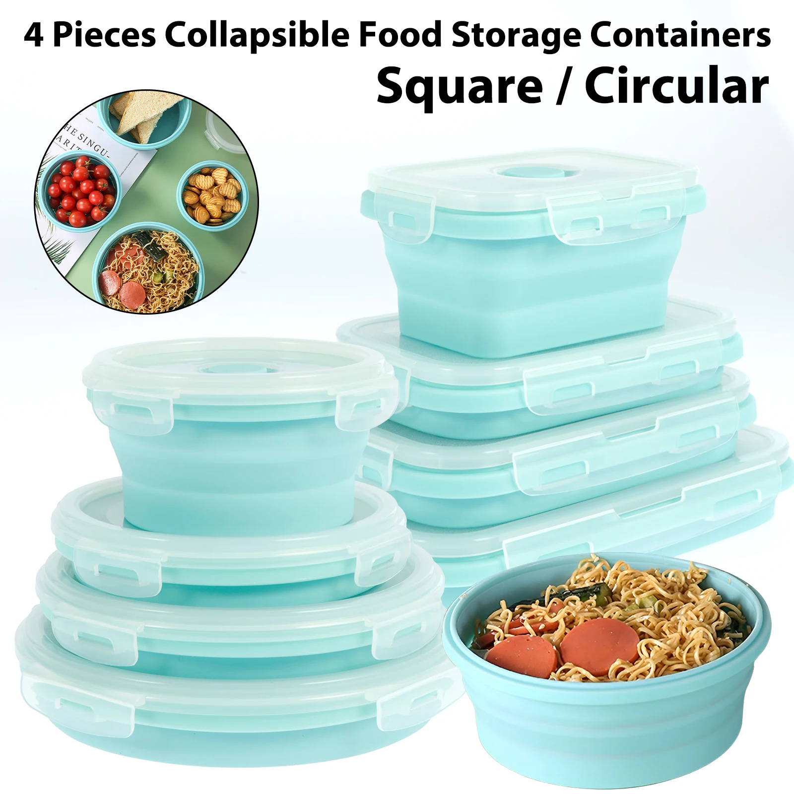 

4Pcs Collapsible Food Storage Containers with Lids Round/ Rectangle Shapes Silicone Collapsible Bowls Stackable Collapsible