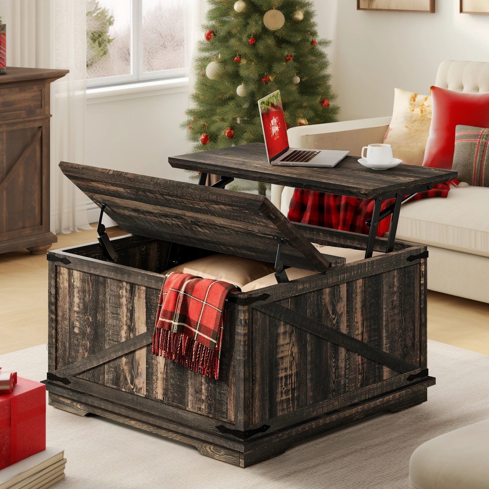 طاولة قهوة Cafe TablesLift مع تصميم مزرعة مربعة للتخزين لغرفة المعيشة #2