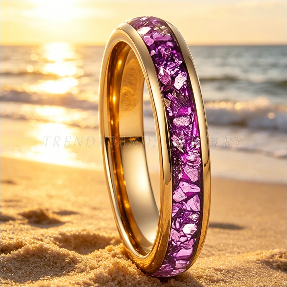 4mm Wolframcarbid-Ring für Herren und Damen, Ehering, Verlobungsschmuck mit Lila Kristallstein-Einlage, Komfortabler Sitz – Detail 2