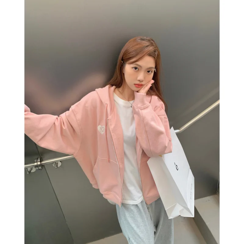 

Women Pink Cardigan Sweatshirt Printing Vintage Long Sleeve Korean Fashion Baggy Casual Y2K 2023 Autumn Female Blue Coat Tops