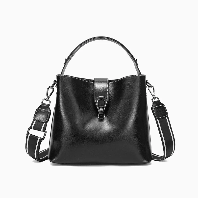 Real Oil Wax Leather Women\'s Bucket Bag Casual and Simple Handbag Large Capacity Ladies Cowhide Fashionable Crossbody Tote Bag