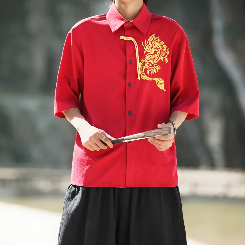 2025 Summer Chinese Dragon Embroidered Shirt Trendy Casual Short Sleeve Tops for Men Breathable Blend Fashion Clothing for Man