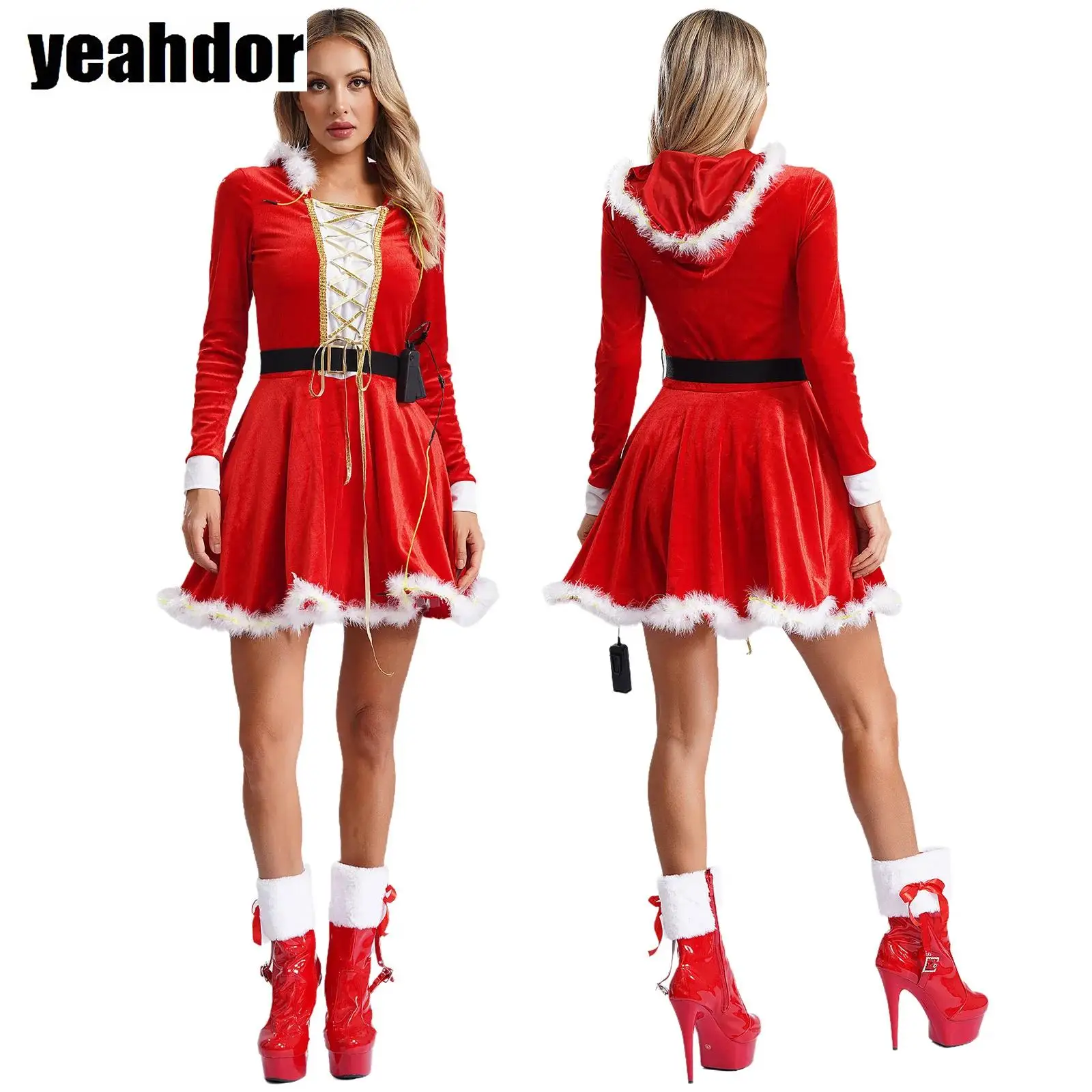 

Women Christmas Fancy Party Dress Miss Claus Dress Hooded Santa Claus Costumes Long Sleeve Light Up Tutu Dress with Elastic Belt