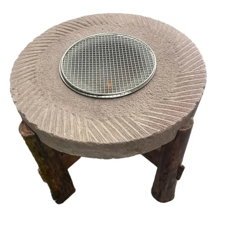 

Chinese outdoor old stone grinding disc barbecue table retro nostalgic old grinding disc paleo