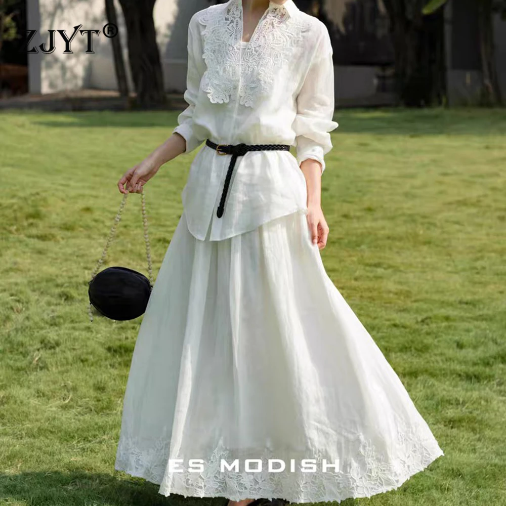 

ZJYT Весенний новый женский льняной комплект из 2 предметов: элегантная белая блузка с кружевной вышивкой и длинная юбка. Праздничный повседневный наряд.